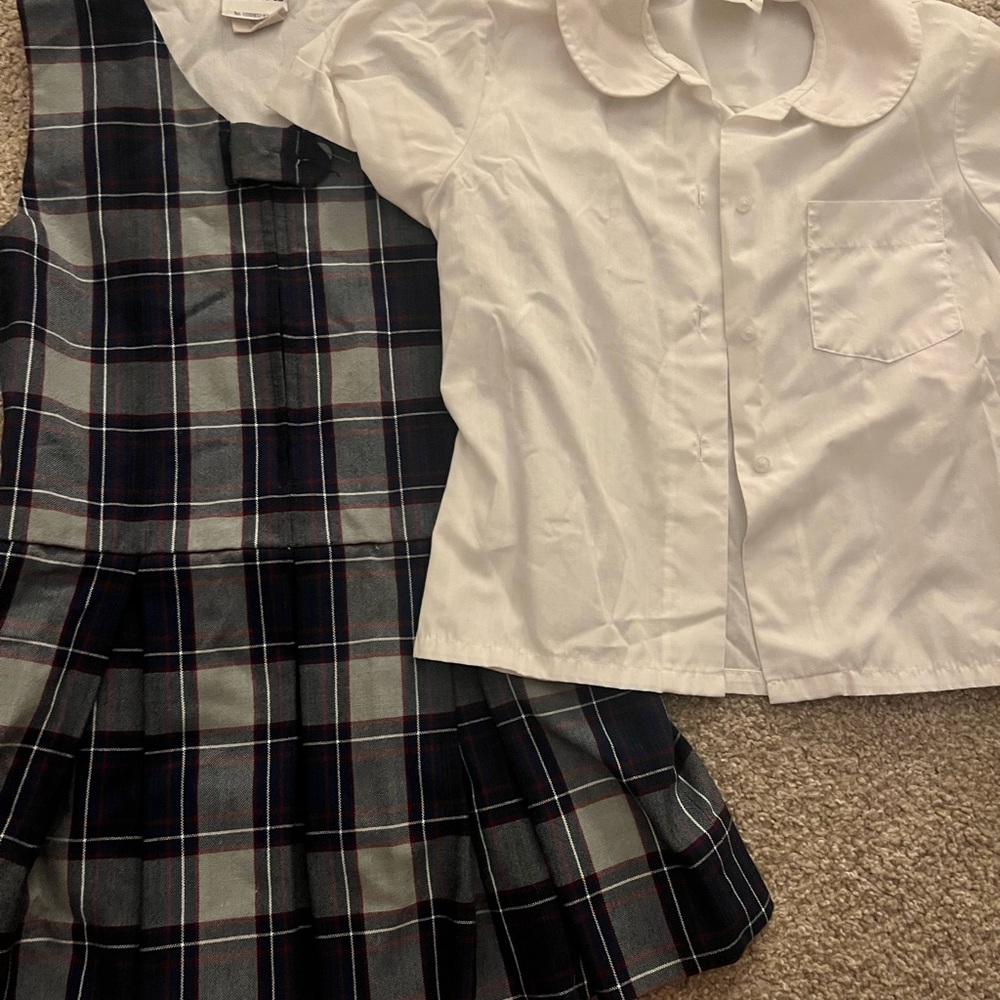 Girls' White Peter Pan Collar Blouse with Navy Plaid Skirt